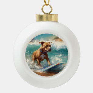 American Staffordshire Beach Surfing Painting  Ceramic Ball Christmas Ornament