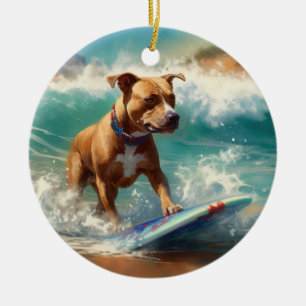 American Staffordshire Beach Surfing Painting  Ceramic Ornament