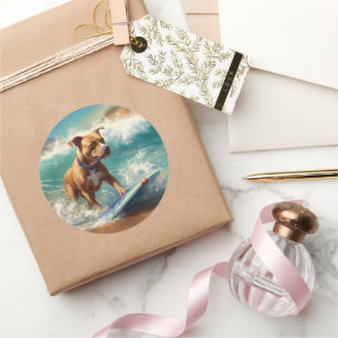 American Staffordshire Beach Surfing Painting  Classic Round Sticker