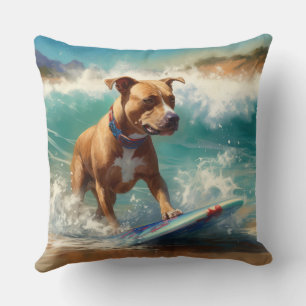 American Staffordshire Beach Surfing Painting Cushion