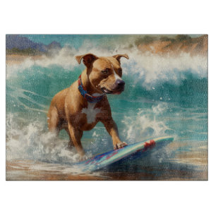 American Staffordshire Beach Surfing Painting Cutting Board