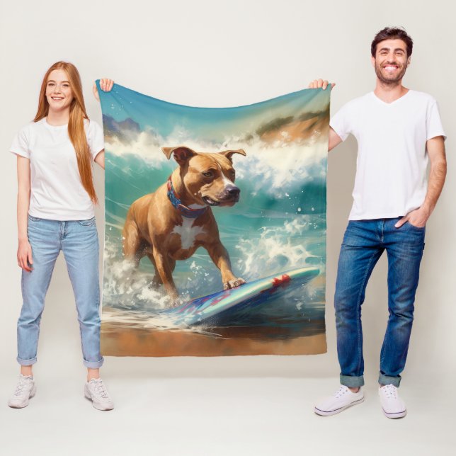 American Staffordshire Beach Surfing Painting  Fleece Blanket (In Situ)