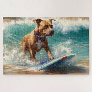 American Staffordshire Beach Surfing Painting  Jigsaw Puzzle