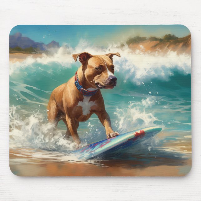 American Staffordshire Beach Surfing Painting  Mouse Pad (Front)