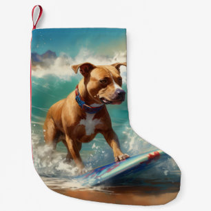 American Staffordshire Beach Surfing Painting  Small Christmas Stocking