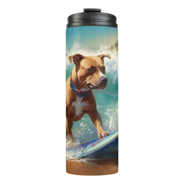 American Staffordshire Beach Surfing Painting  Thermal Tumbler (Front)