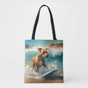 American Staffordshire Beach Surfing Painting Tote Bag