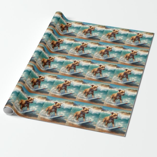 American Staffordshire Beach Surfing Painting  Wrapping Paper (Unrolled)
