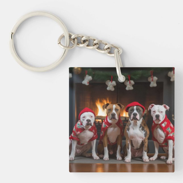 American Staffordshire by the Fireplace Christmas Key Ring (Front)