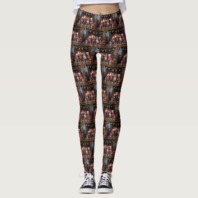 American Staffordshire by the Fireplace Christmas Leggings (Front)