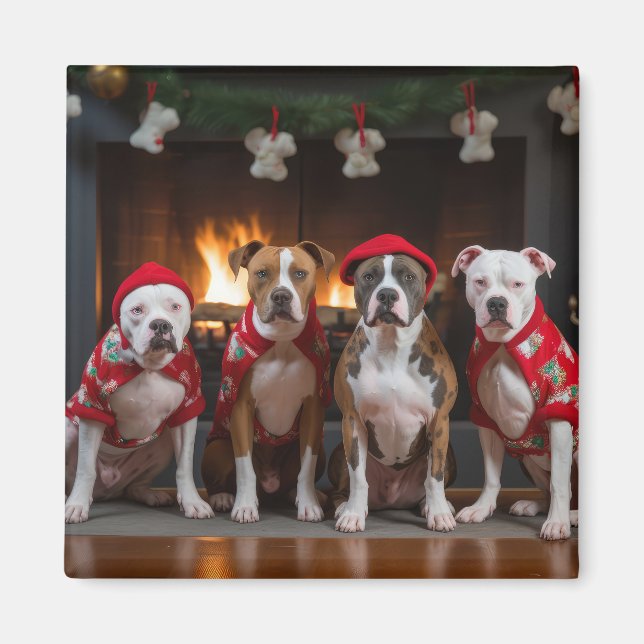 American Staffordshire by the Fireplace Christmas Magnet (Front)