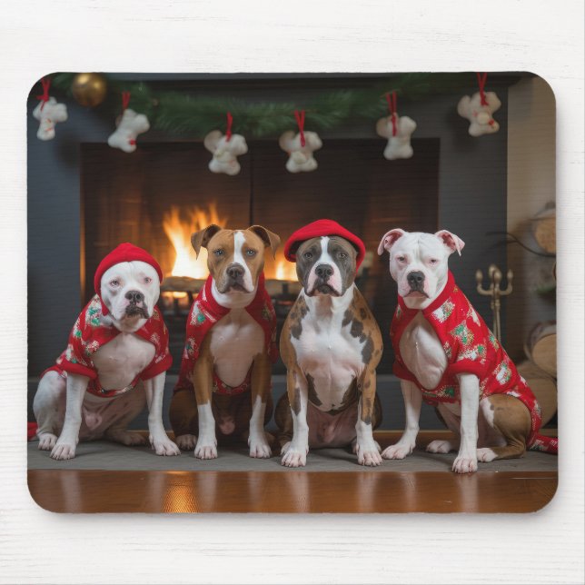 American Staffordshire by the Fireplace Christmas Mouse Pad (Front)
