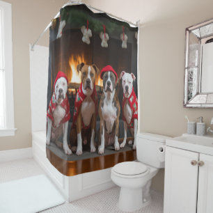 American Staffordshire by the Fireplace Christmas Shower Curtain
