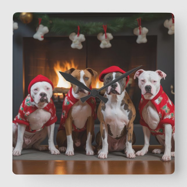 American Staffordshire by the Fireplace Christmas Square Wall Clock (Front)