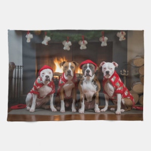 American Staffordshire by the Fireplace Christmas Tea Towel