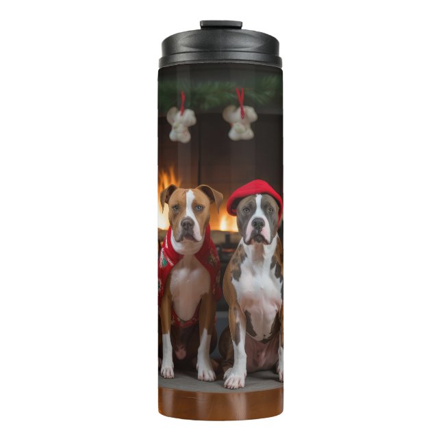 American Staffordshire by the Fireplace Christmas Thermal Tumbler (Front)