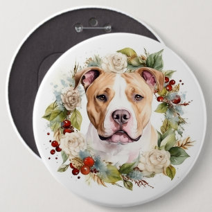 American Staffordshire Christmas Wreath Festive 6 Cm Round Badge