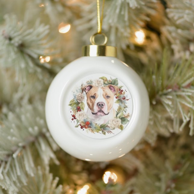 American Staffordshire Christmas Wreath Festive Ceramic Ball Christmas Ornament (Tree)