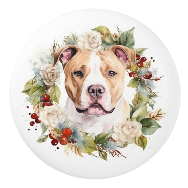 American Staffordshire Christmas Wreath Festive Ceramic Knob (Front)