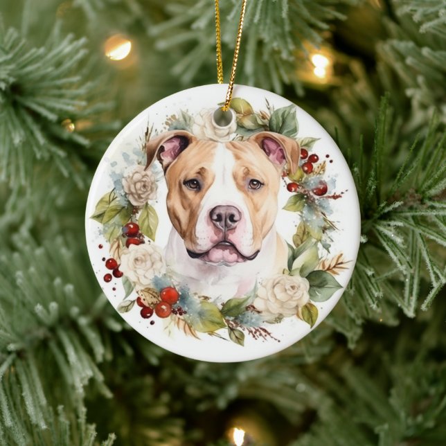American Staffordshire Christmas Wreath Festive Ceramic Ornament (Tree)