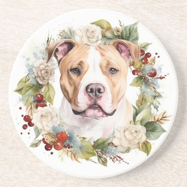 American Staffordshire Christmas Wreath Festive Coaster (Front)