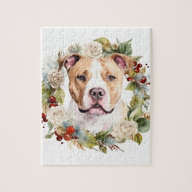 American Staffordshire Christmas Wreath Festive Jigsaw Puzzle (Vertical)