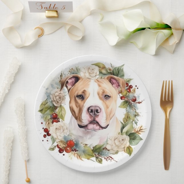 American Staffordshire Christmas Wreath Festive Paper Plate (Wedding)