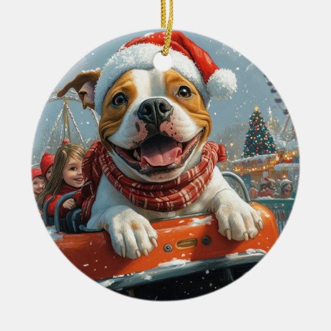American Staffordshire Dog Christmas Ceramic Ornament (Front)