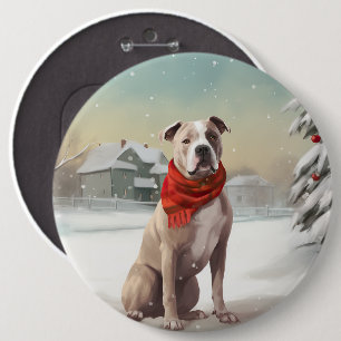 American Staffordshire Dog in Snow Christmas  6 Cm Round Badge