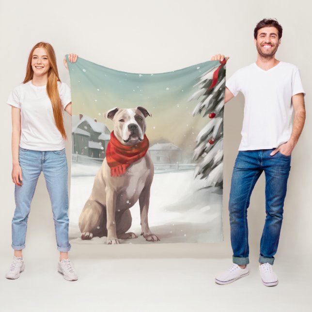 American Staffordshire Dog in Snow Christmas  Fleece Blanket (In Situ)