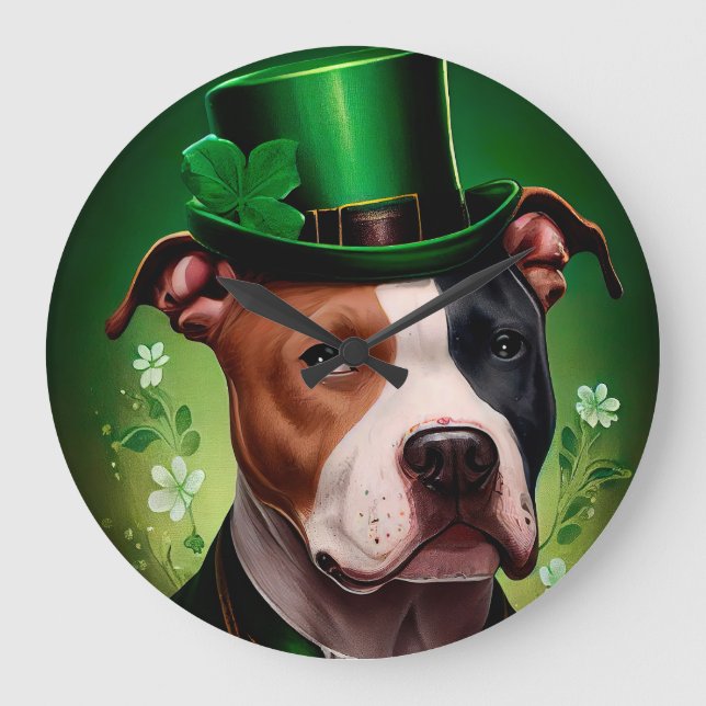 American Staffordshire dog in St. Patrick's Da Large Clock (Front)