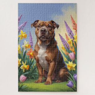 American Staffordshire Dog Spring Flowers Painting Jigsaw Puzzle