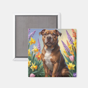 American Staffordshire Dog Spring Flowers Painting Magnet