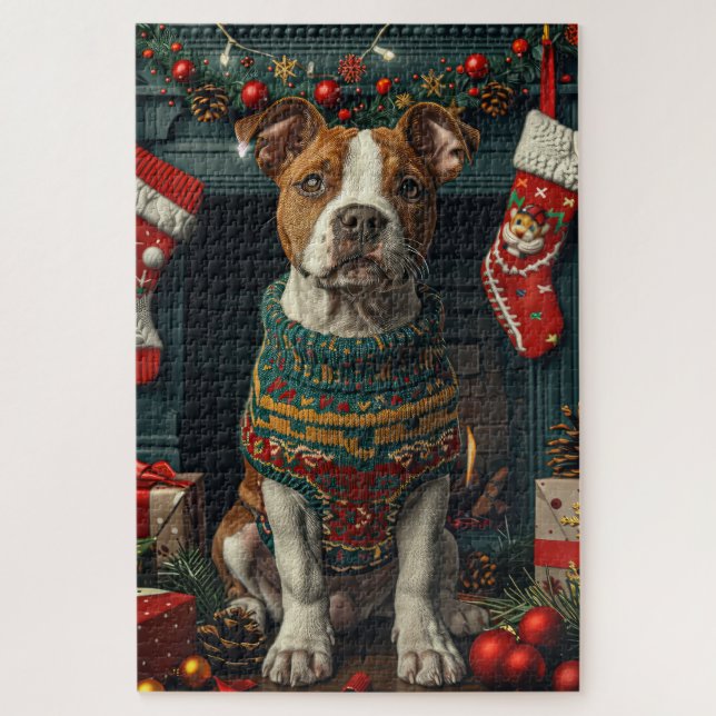 American Staffordshire Dog With Christmas Gifts Jigsaw Puzzle (Vertical)