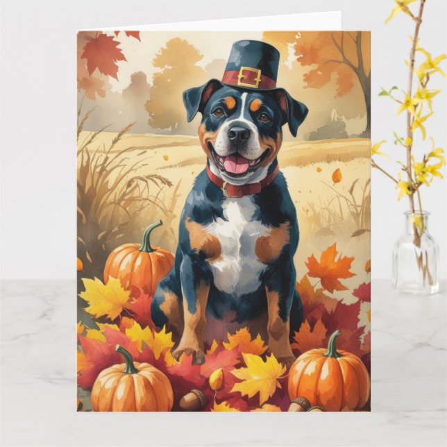 American Staffordshire in Autumn Leaves  Card (Yellow Flower)