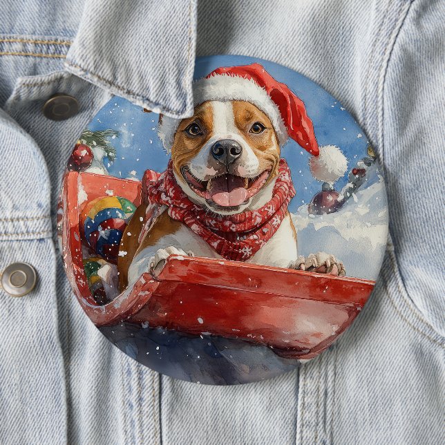 American Staffordshire in Sledge Christmas 6 Cm Round Badge (In Situ)