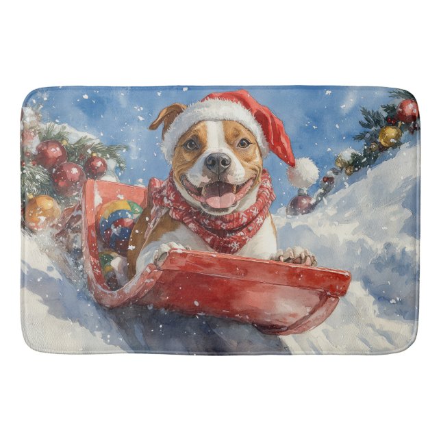 American Staffordshire in Sledge Christmas Bath Mat (Front)