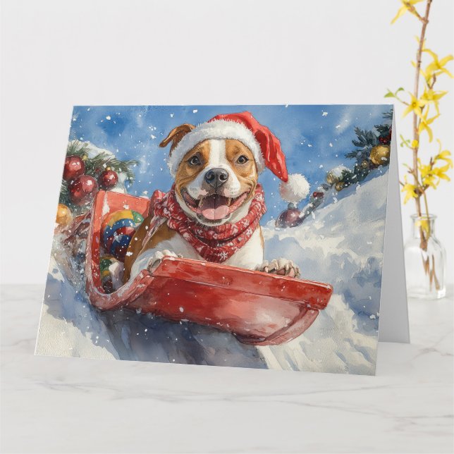 American Staffordshire in Sledge Christmas Card (Yellow Flower)