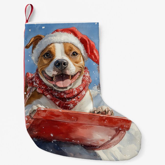 American Staffordshire in Sledge Christmas Small Christmas Stocking (Front)