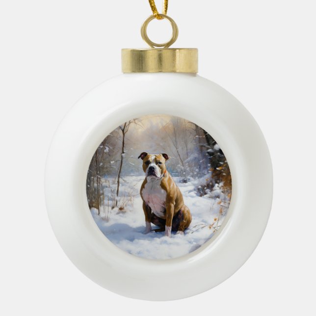 American Staffordshire Let It Snow Christmas  Ceramic Ball Christmas Ornament (Front)