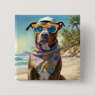 American Staffordshire on Beach,summer gift 15 Cm Square Badge