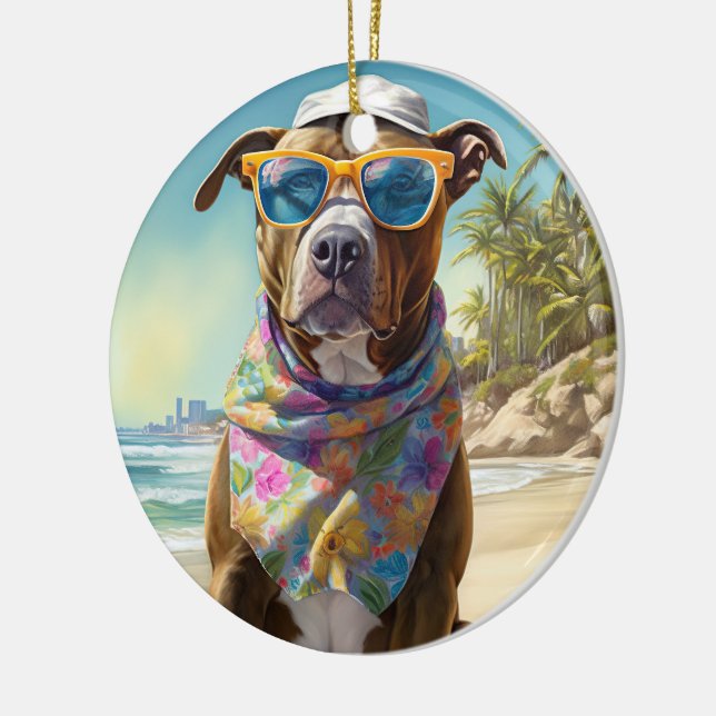 American Staffordshire on Beach,summer gift Ceramic Ornament (Left)