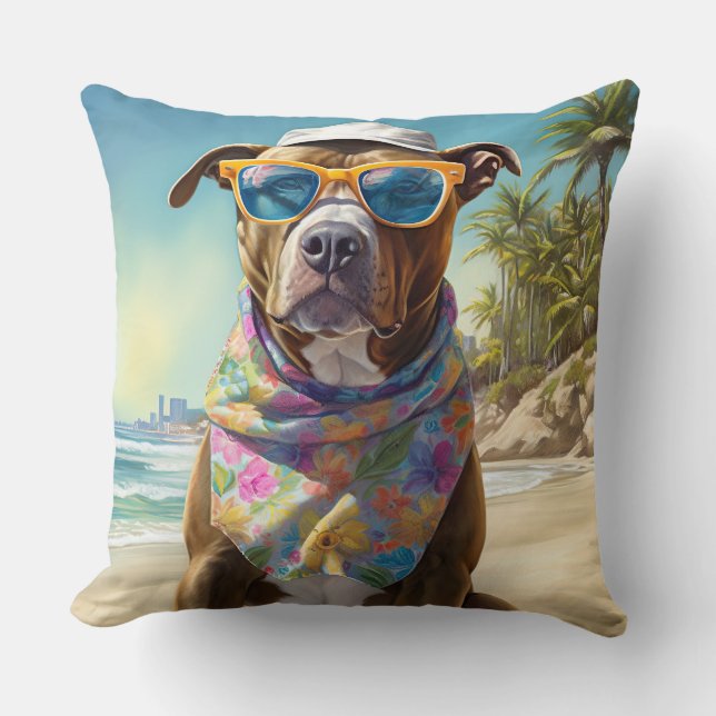 American Staffordshire on Beach,summer gift Cushion (Front)