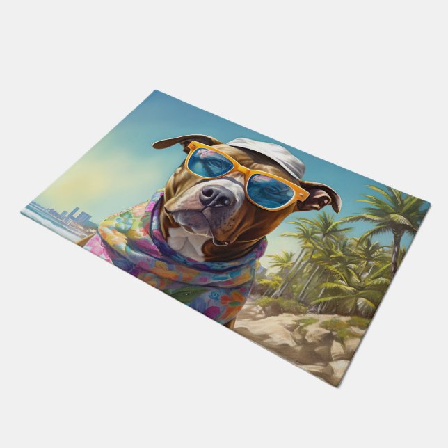 American Staffordshire on Beach,summer gift Doormat (Angled)