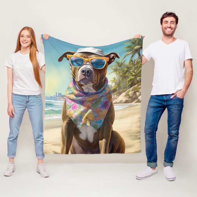 American Staffordshire on Beach,summer gift Fleece Blanket (In Situ)
