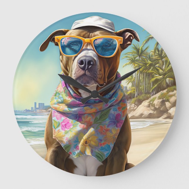 American Staffordshire on Beach,summer gift Large Clock (Front)