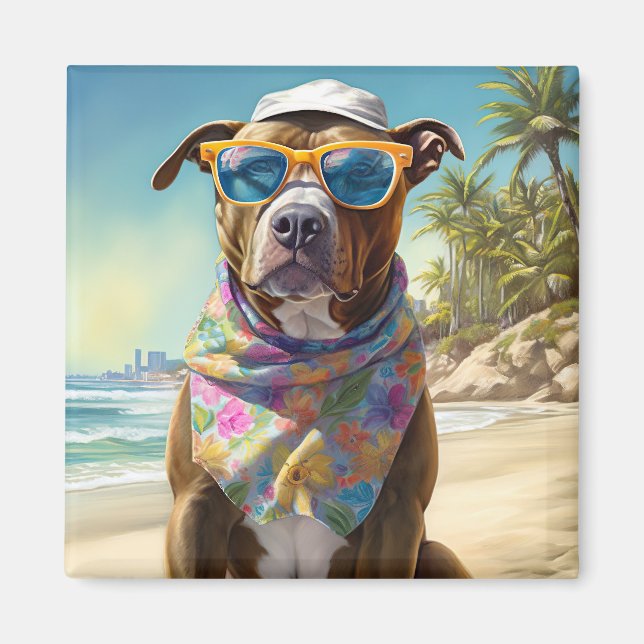American Staffordshire on Beach,summer gift Magnet (Front)