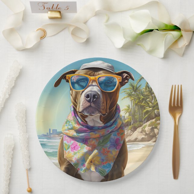 American Staffordshire on Beach,summer gift Paper Plate (Wedding)
