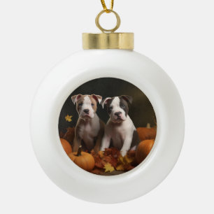 American Staffordshire Puppy Autumn Delight Ceramic Ball Christmas Ornament