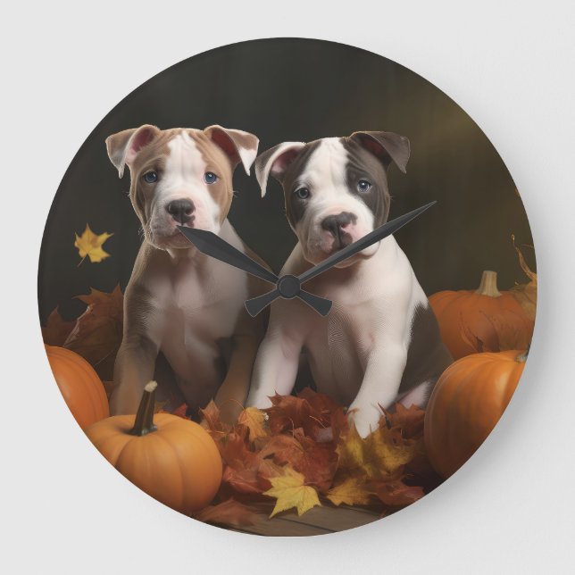 American Staffordshire Puppy Autumn Delight Large Clock (Front)